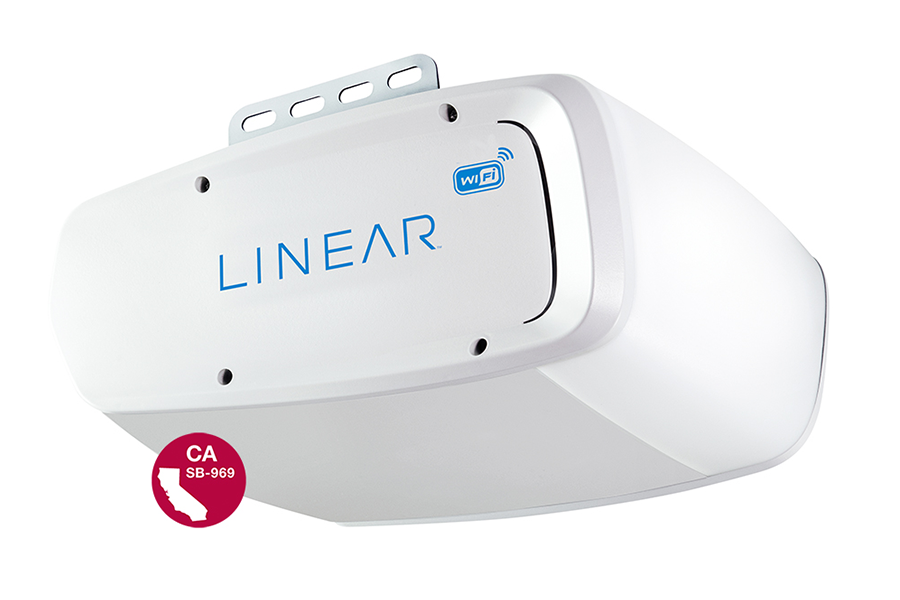 A white linear garage door opener on a white background