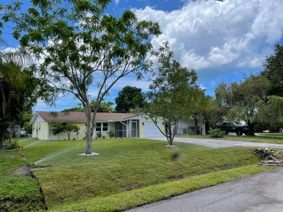 A house with a lot of grass and trees in front of it