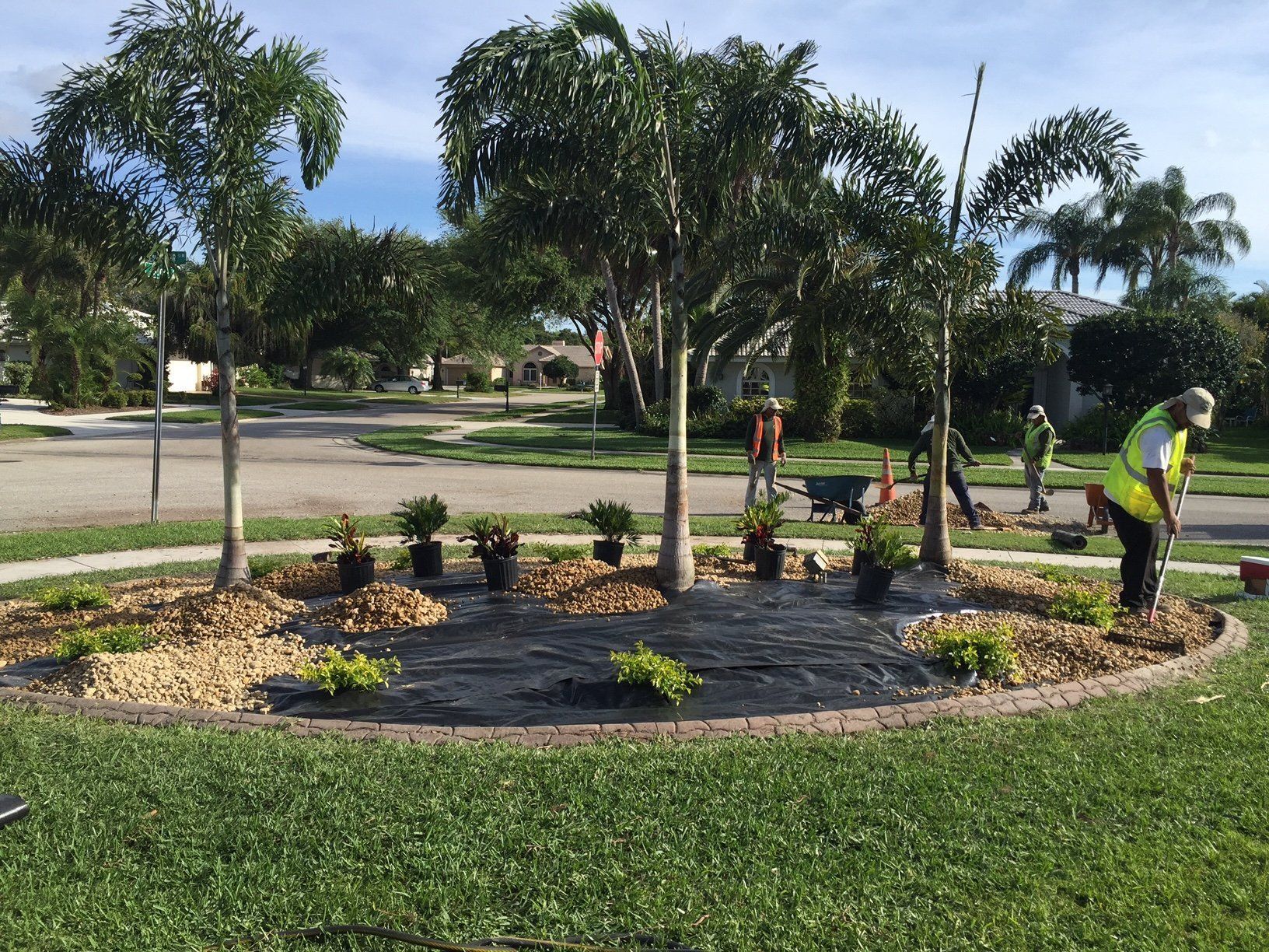 A man is planting trees in a circle in a yard.