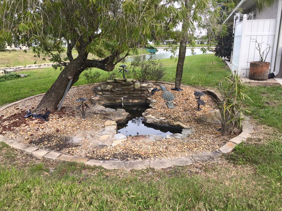 A small pond in the middle of a lush green yard surrounded by trees.