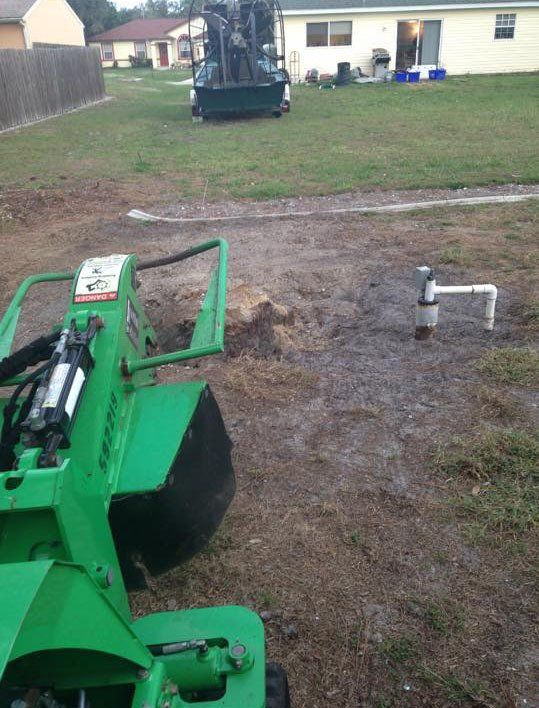 A green stump grinder is being used to remove a tree stump in a backyard.