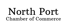 The north port chamber of commerce logo is black and white.
