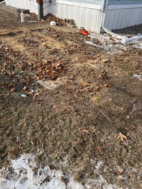 A lot of leaves are on the ground in front of a house.