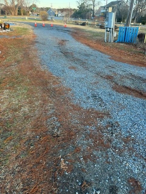A gravel road with a blue box on the side of it