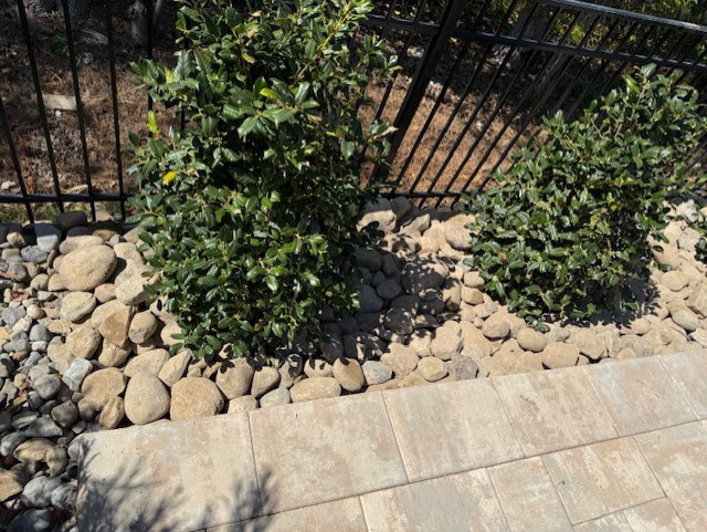 A fence with a lot of rocks and plants.