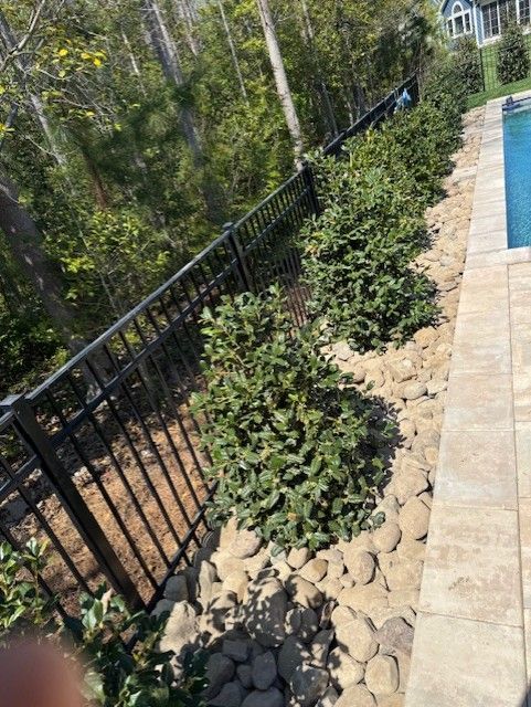 A black fence surrounds a swimming pool.