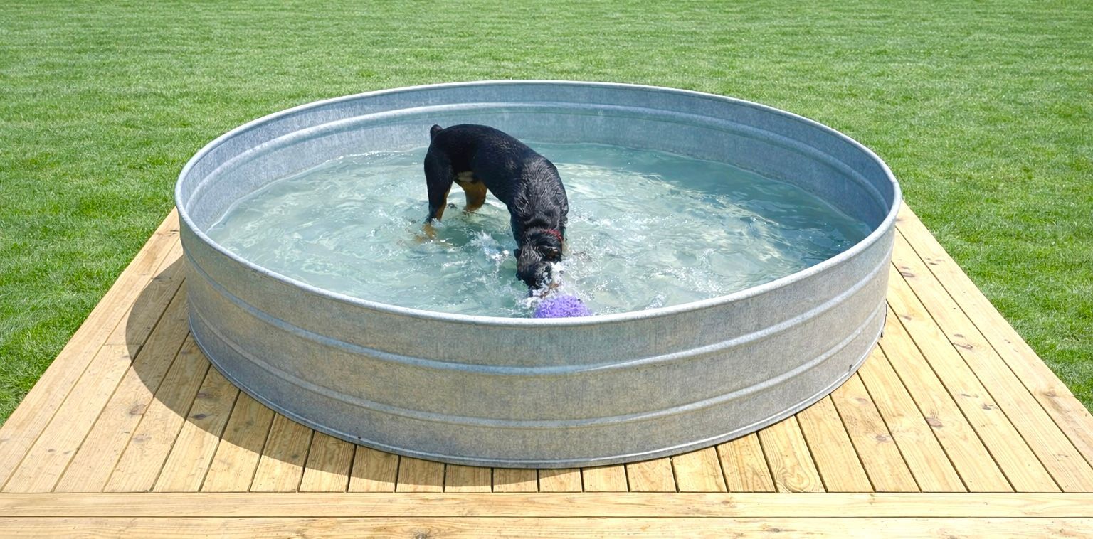 A dark-coated dog plays with a purple toy in a round, galvanized metal pool centered on a wooden deck in a grassy yard.