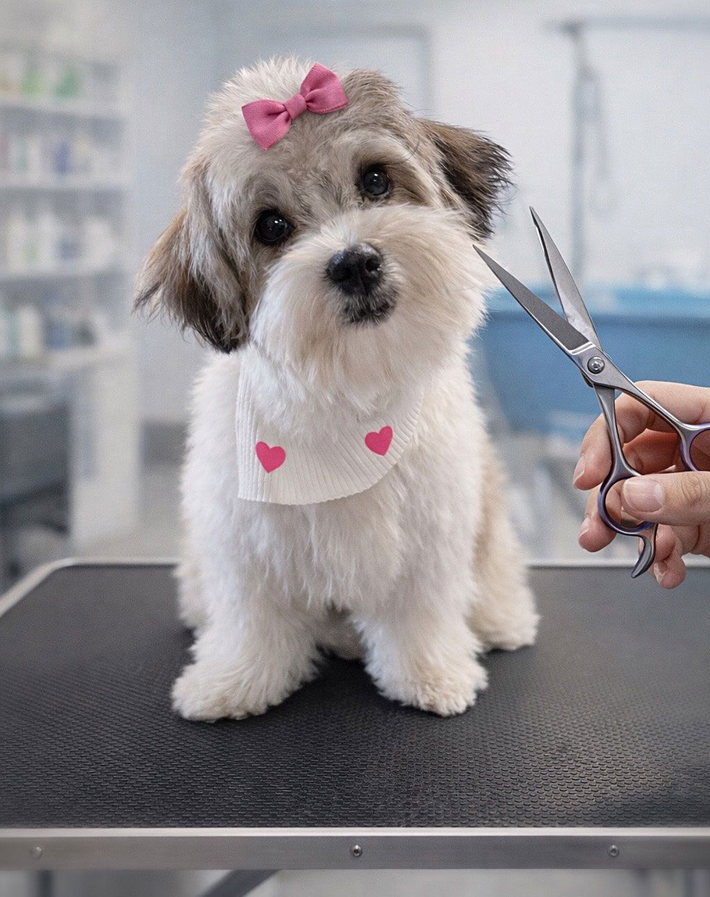 A small, fluffy dog with a pink bow and heart-patterned bandana sits on a grooming table as scissors are held nearby.