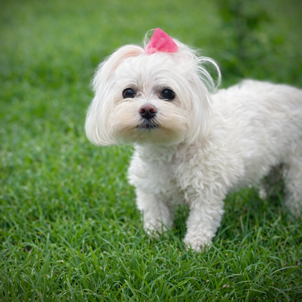 A small, white Maltese dog with a pink bow in its fur stands on a green grass lawn, looking toward the camera.
