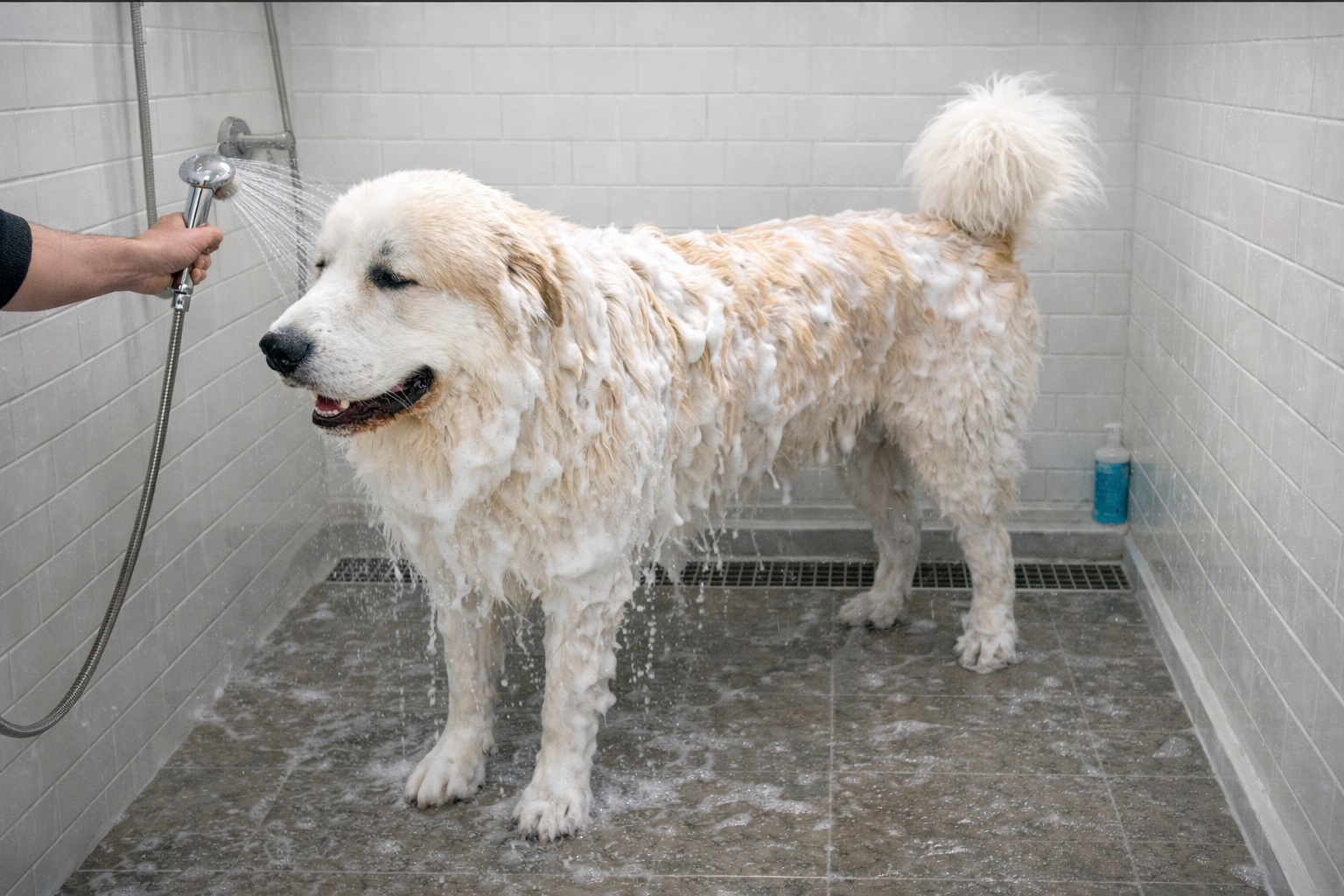 A large, fluffy cream-colored dog being rinsed with a handheld shower sprayer in a white-tiled wash station.
