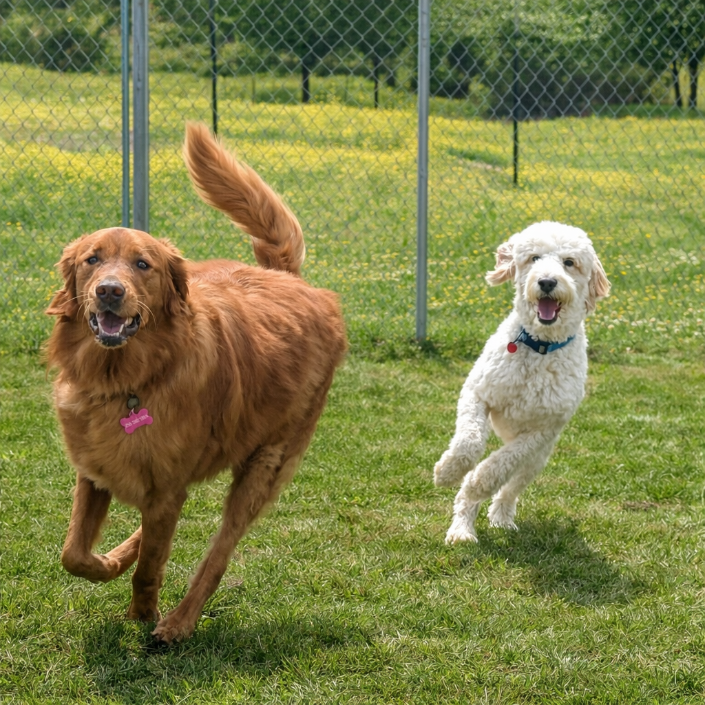 A golden retriever and a white curly-haired dog running together through a grassy field.