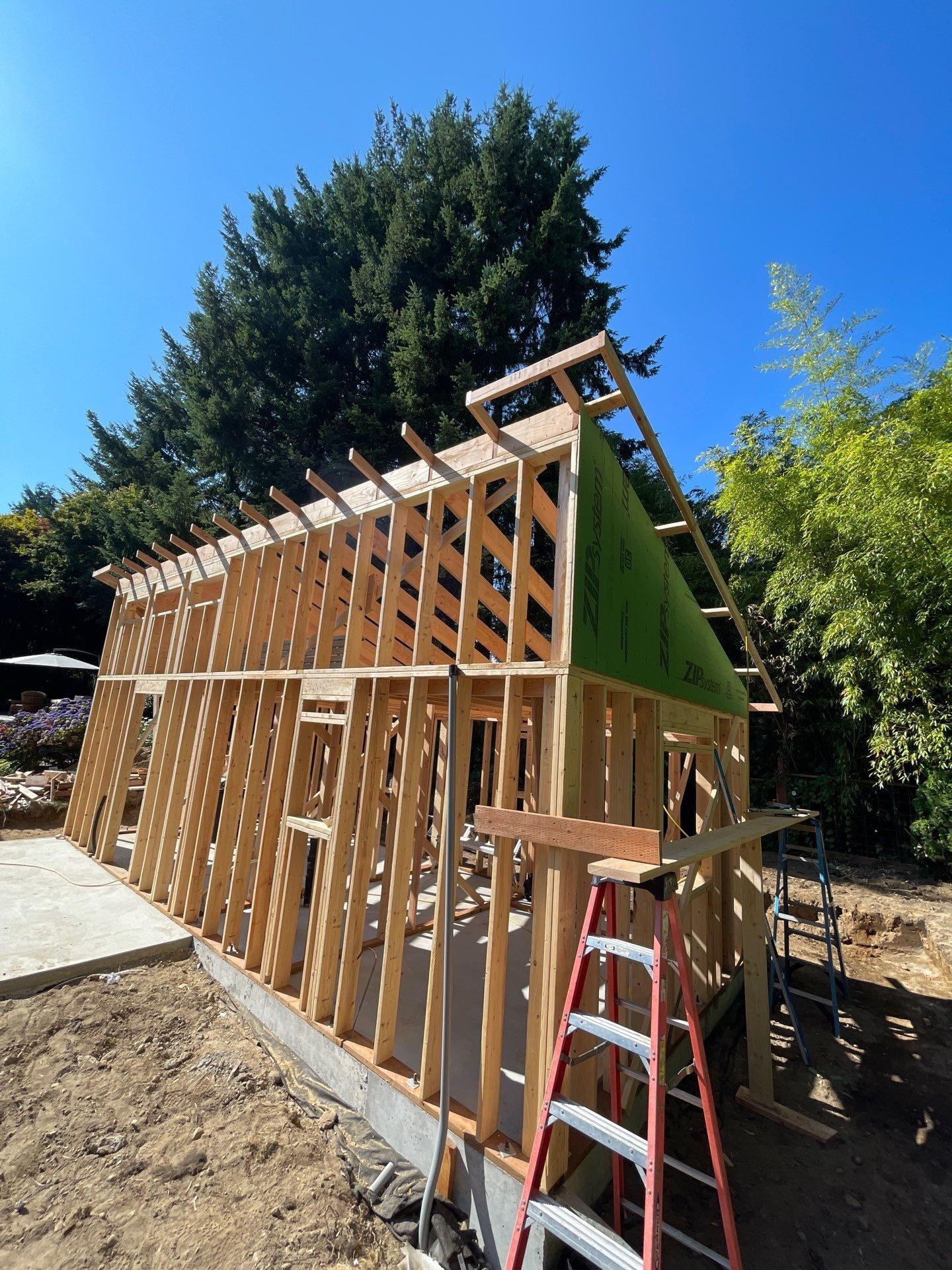 A wooden frame structure under construction, featuring exposed studs, rafters, and green sheathing on a concrete foundation.