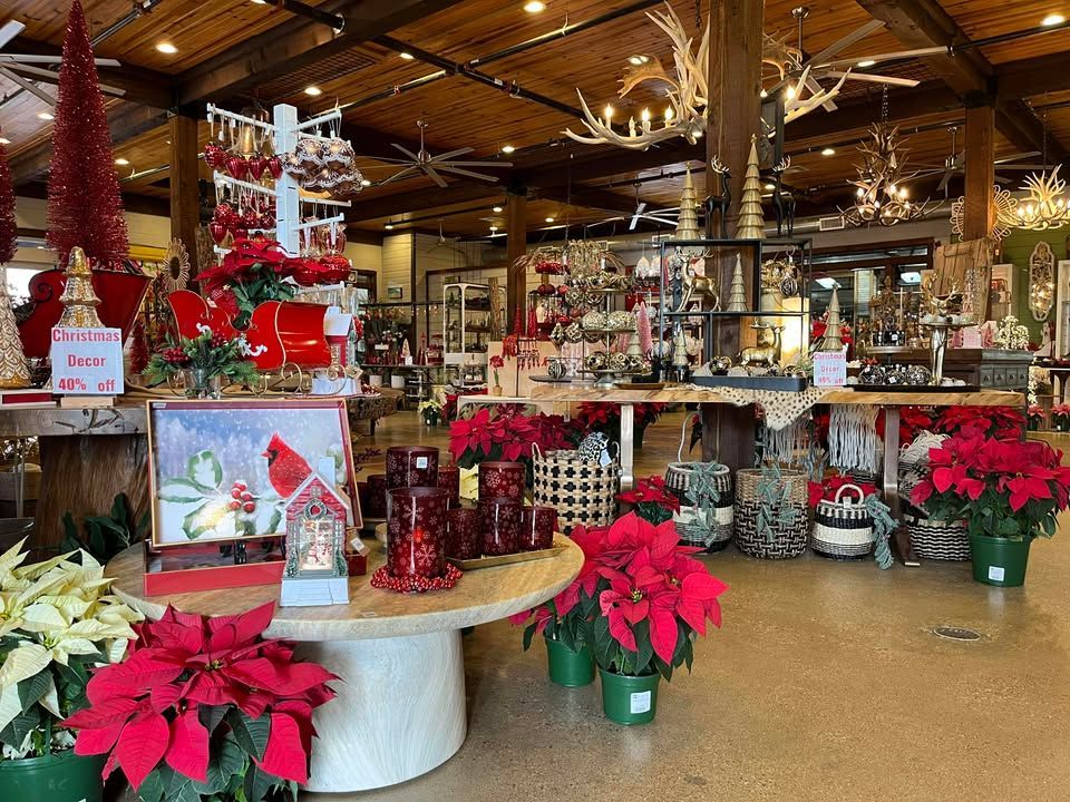 Christmas decorations and live poinsettia plants inside a gift shop
