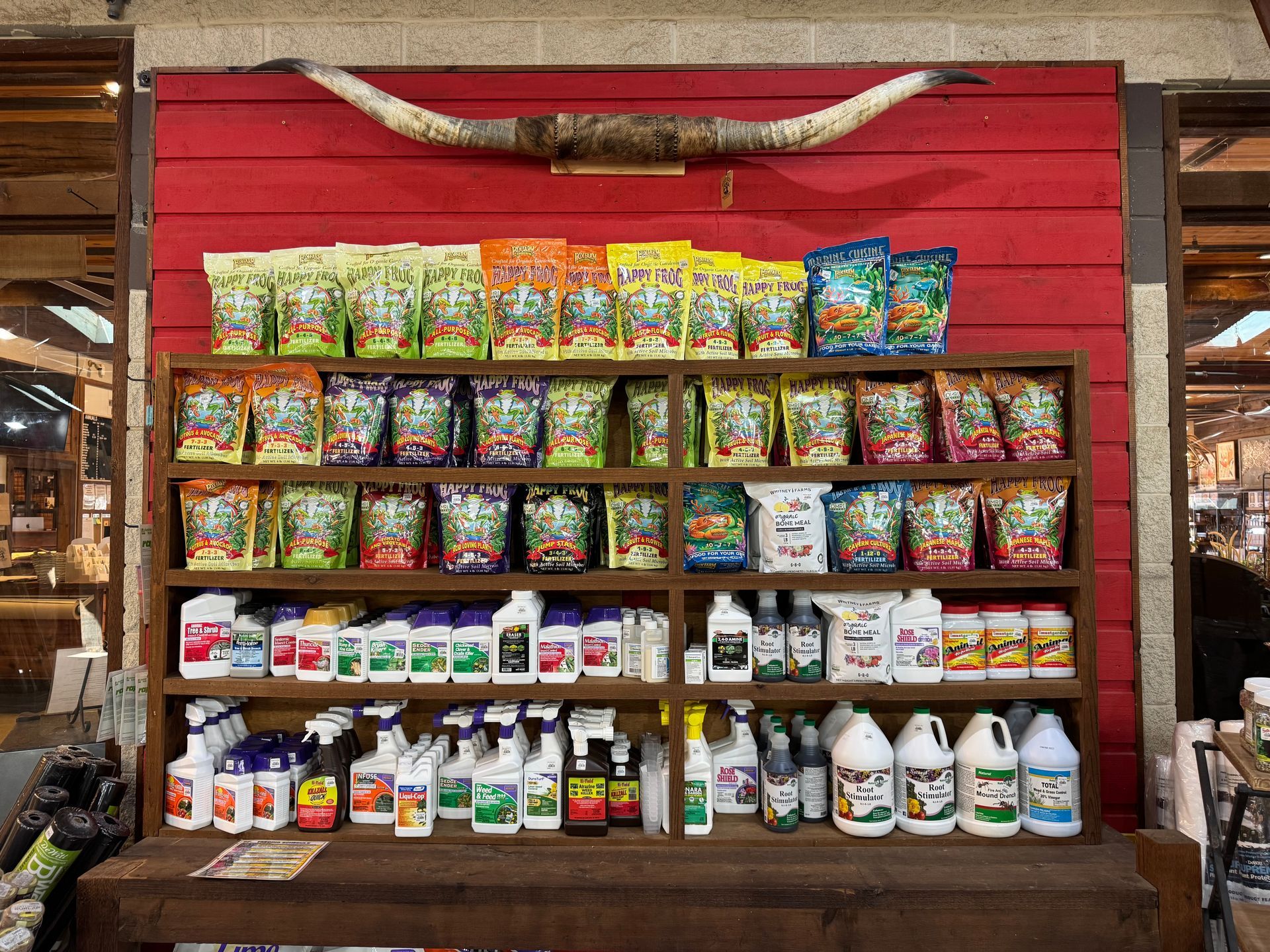 Happy Frog fertilizers and soil amendments (variety of colorful bags in different blends), FoxFarm products (including dry fertilizers, and potting additives), Liquid plant foods and foliar sprays, Organic, garden treatments and pest control solutions, Root stimulators and bloom boosters, Soil conditioners and micronutrient supplements, Herbicides and weed preventers, Large gallon-sized concentrate jugs (natural and chemical formulas)