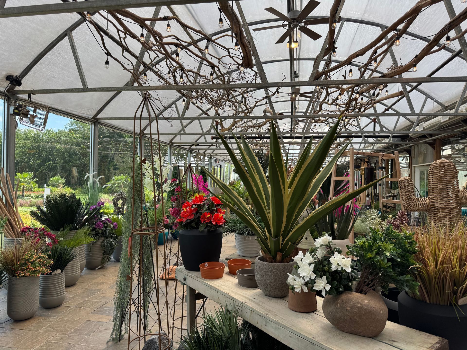 artificial plant green house, pots, tables etc.