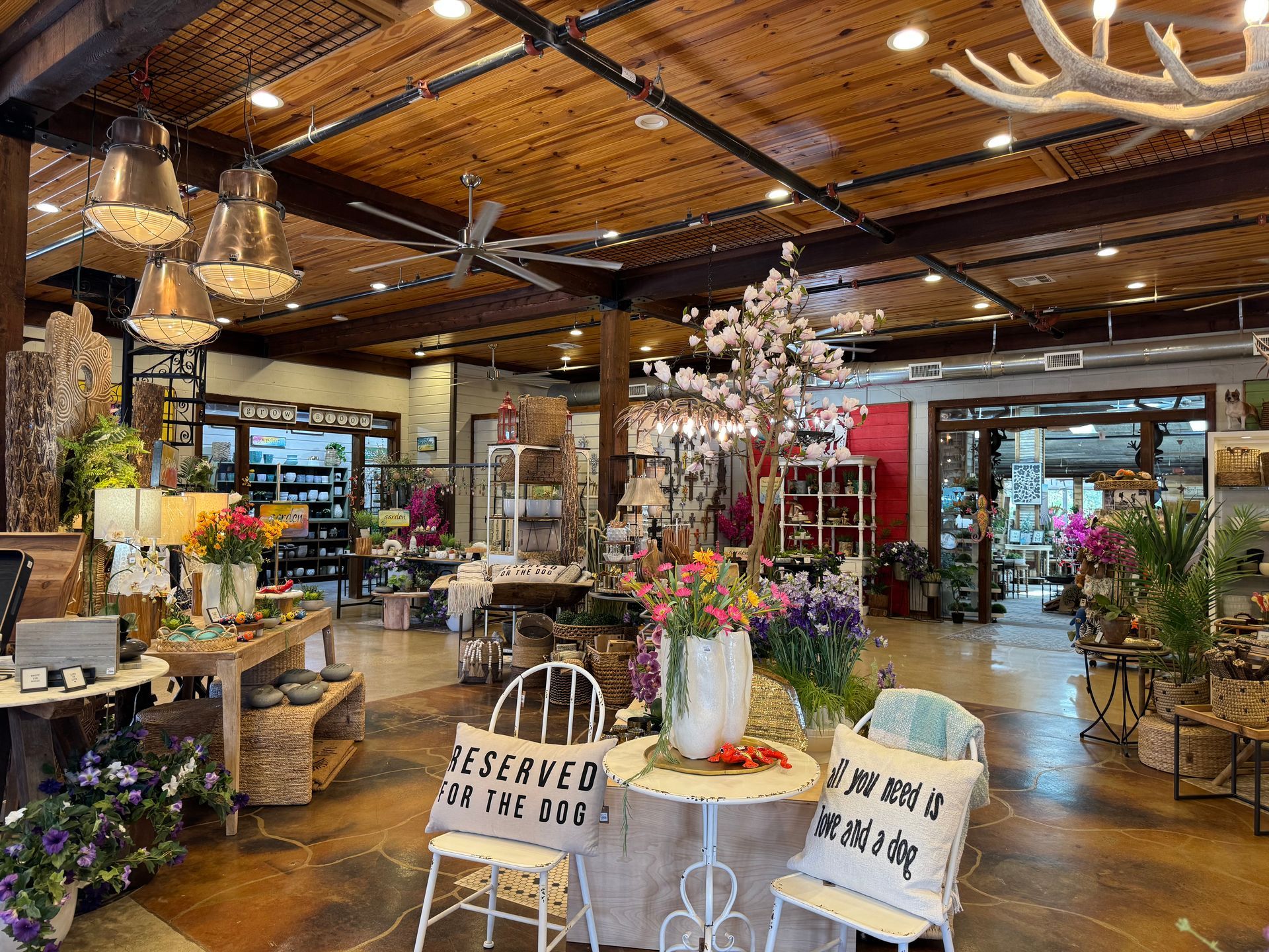Decorative flower arrangements, 
Faux floral stems and branches,
Woven baskets and trays, Throw pillows with printed text, Wooden and metal furniture including tables, shelves, and chairs, Home décor signs, Ceramic and stone planters Tabletop lamps with textured shades, Hanging pendant lights, Blankets and textiles, Antler chandelier, Potted tropical plants and ferns, Candles, soaps, or small gift items (on display tables).