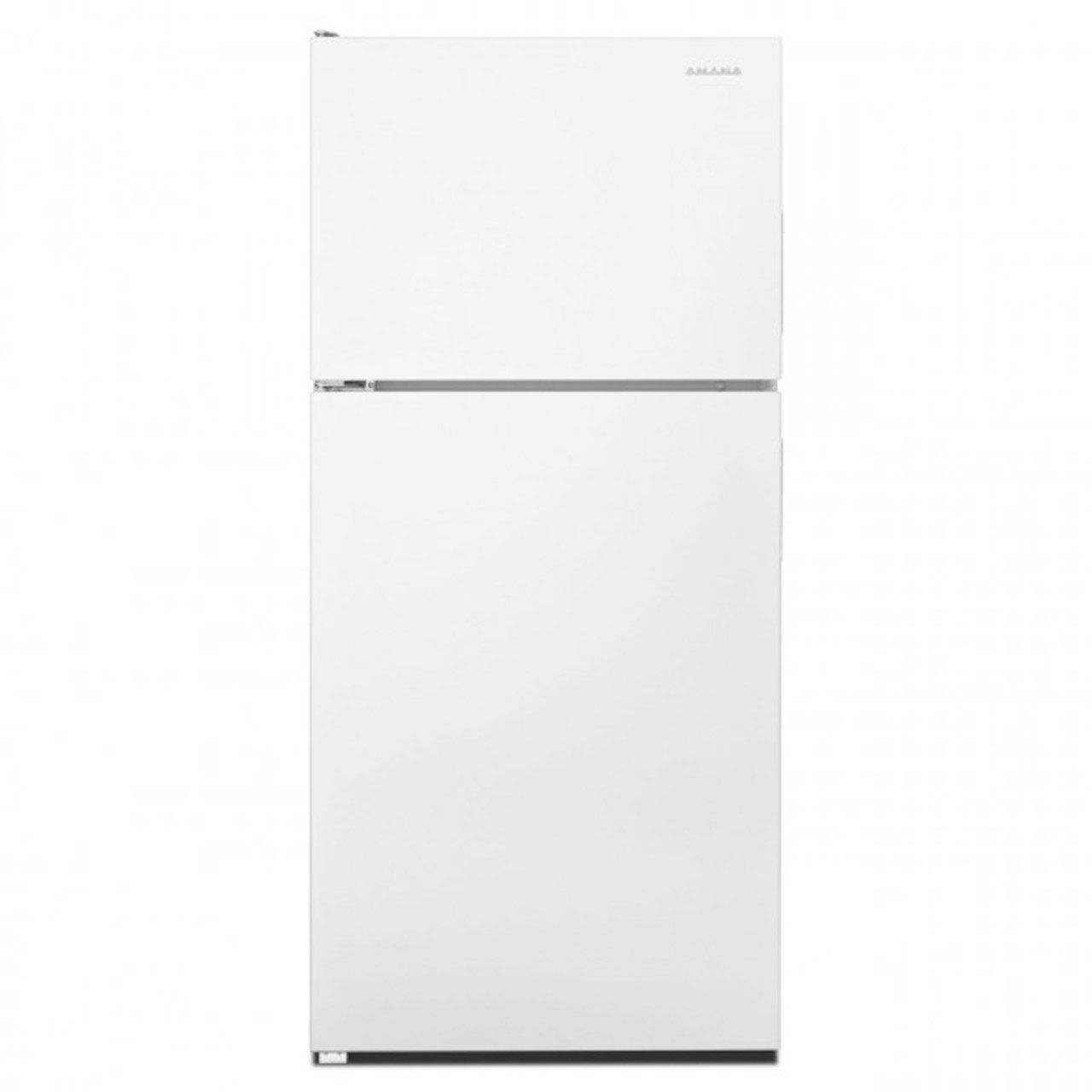 A white refrigerator is sitting on a white surface.