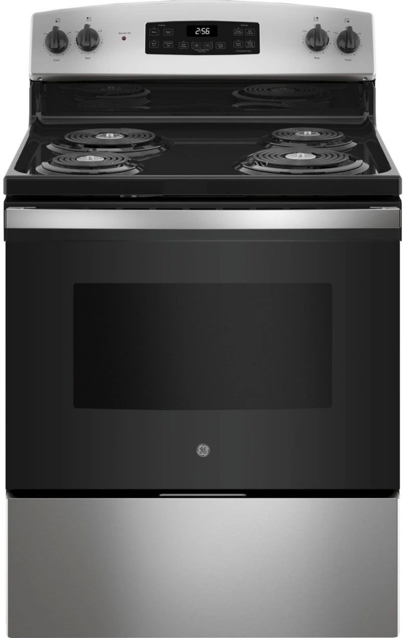 A stainless steel stove with a black oven on a white background.