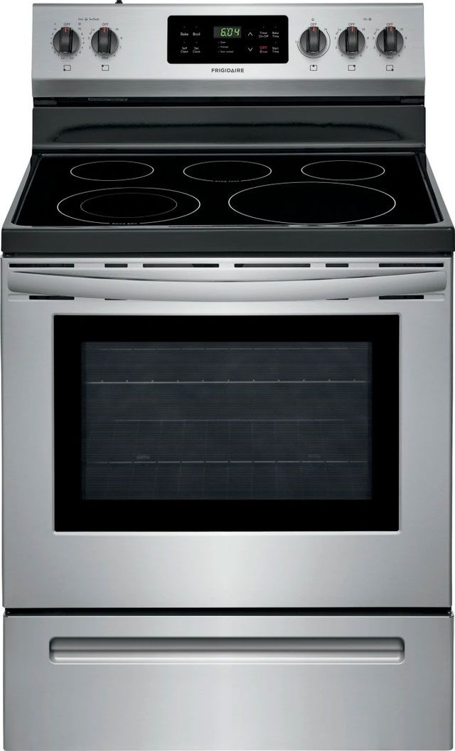 A stainless steel stove with a black top and a glass door.