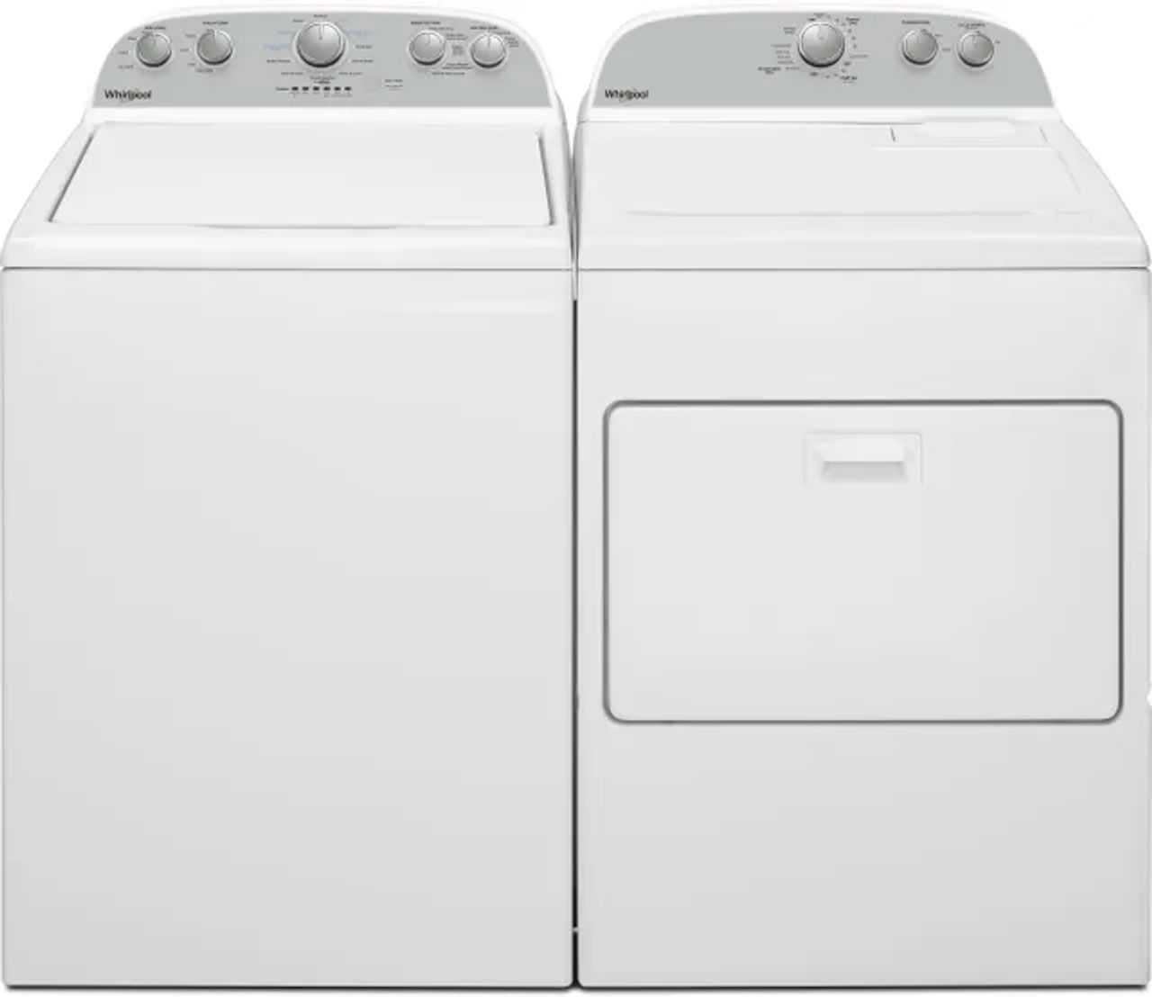 A white washer and dryer are sitting next to each other on a white background.