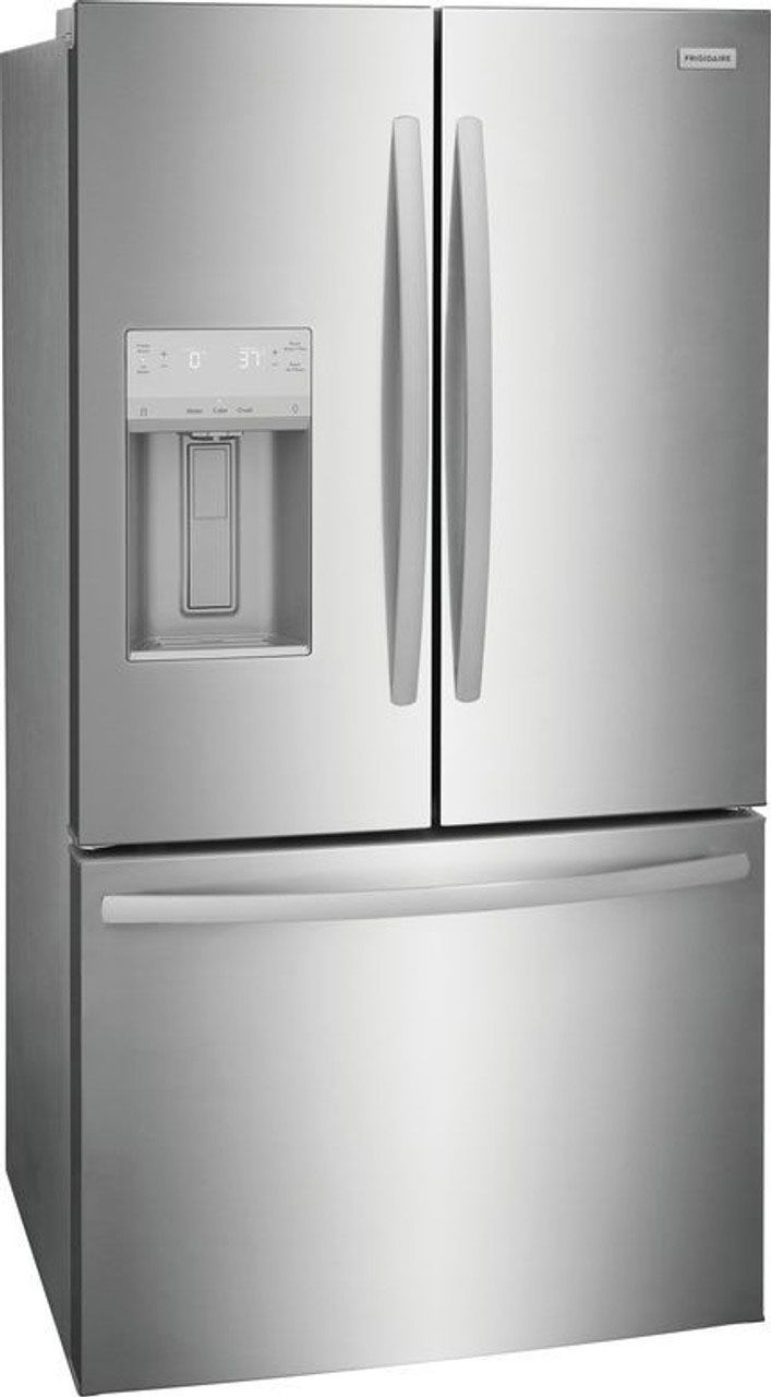A stainless steel refrigerator with a water dispenser on the door.