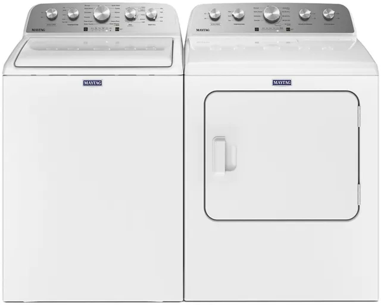 A white washer and dryer are sitting next to each other on a white background.
