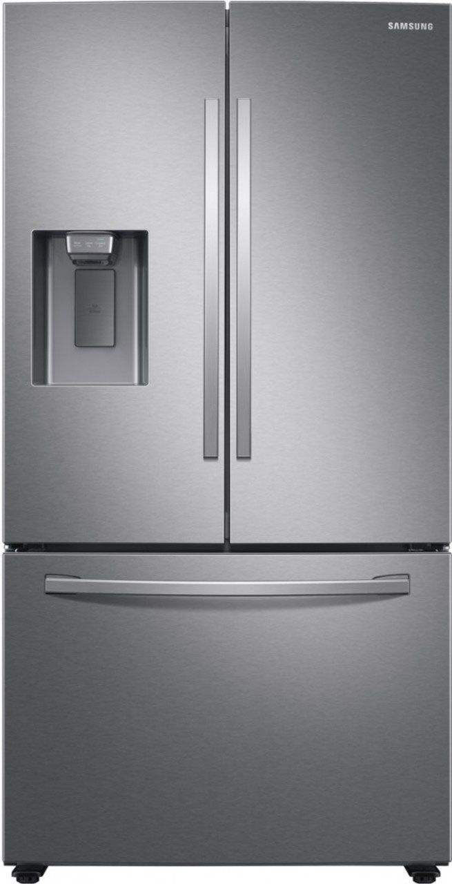 A stainless steel refrigerator with a water dispenser on the door
