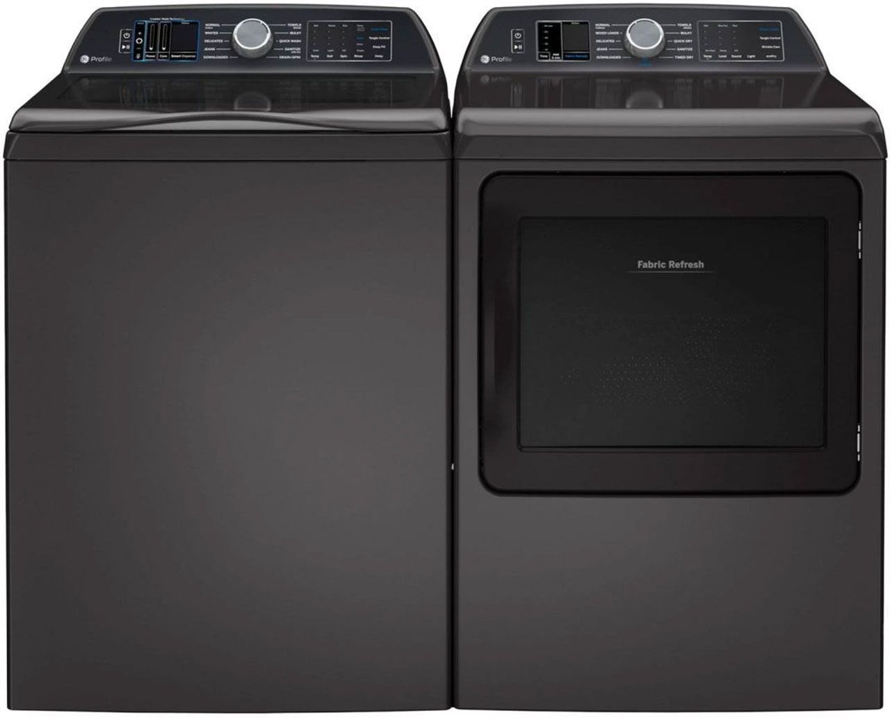 A black washer and dryer are sitting next to each other