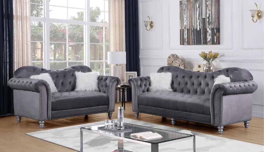 2 pc Grey Velvet Sofa Set