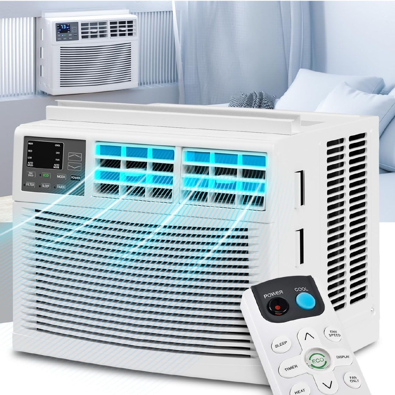 White window air conditioner with remote control, blowing cool air in a light-filled room. Another AC unit is visible in the background.