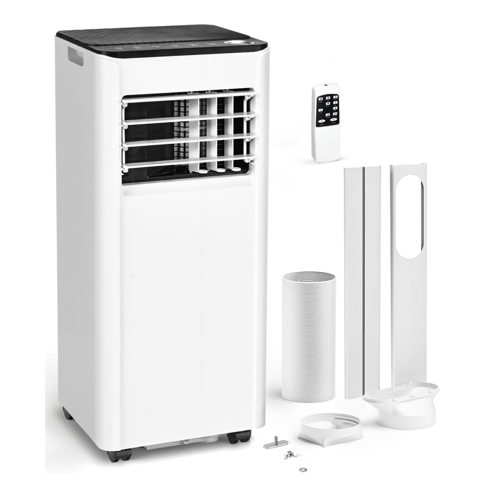 White portable air conditioner with included remote and window exhaust kit.