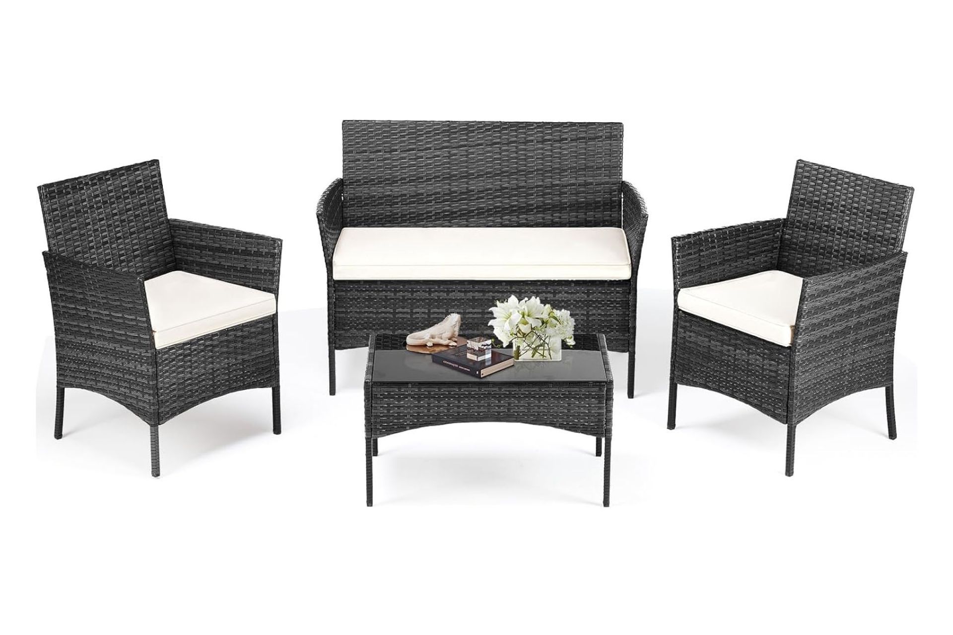 Outdoor wicker furniture set in dark gray: a loveseat, two armchairs with cream cushions, and a small table.