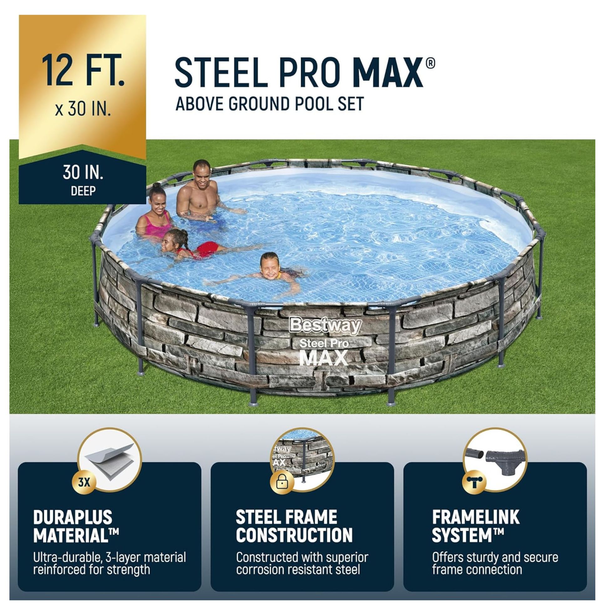 Above-ground pool set with people swimming. Shows features like DuraPlus material, steel frame, and FrameLink system.