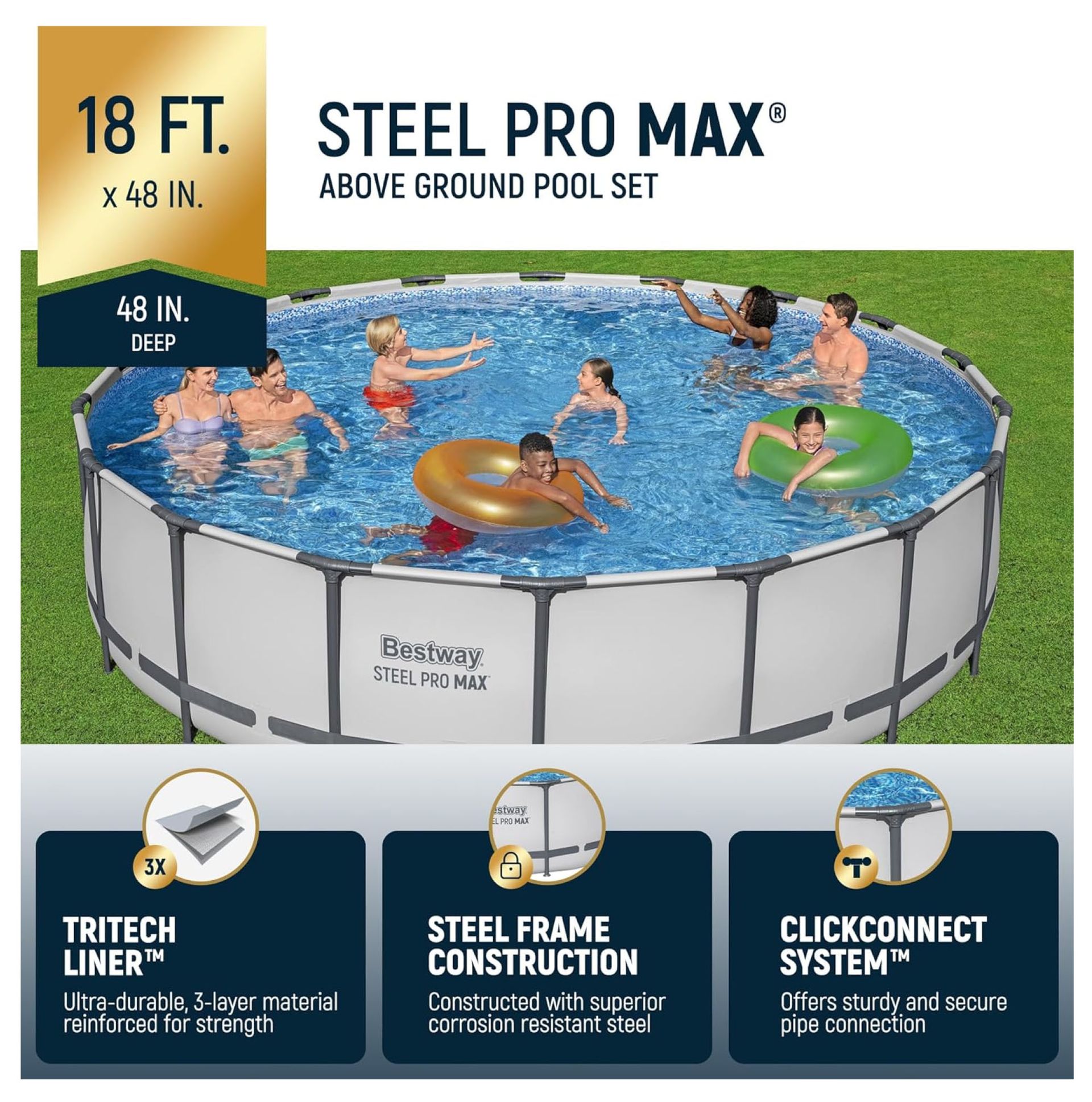 Above-ground pool set with people swimming, featuring a steel frame and