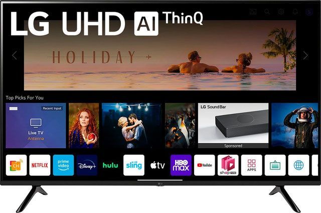 A lg uhd ai thinq tv is sitting on a table.