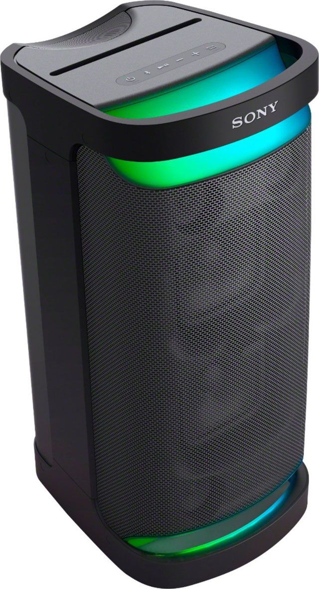 A sony speaker with a green light on it.