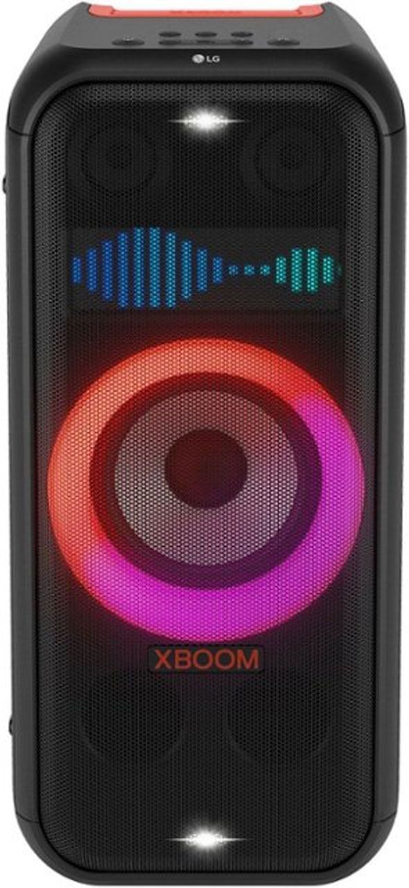 A black speaker with a circle in the middle of it.
