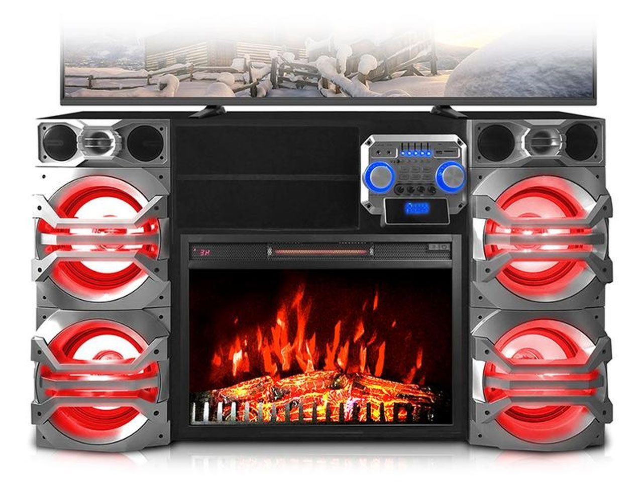 A fireplace with a television and speakers in front of it.