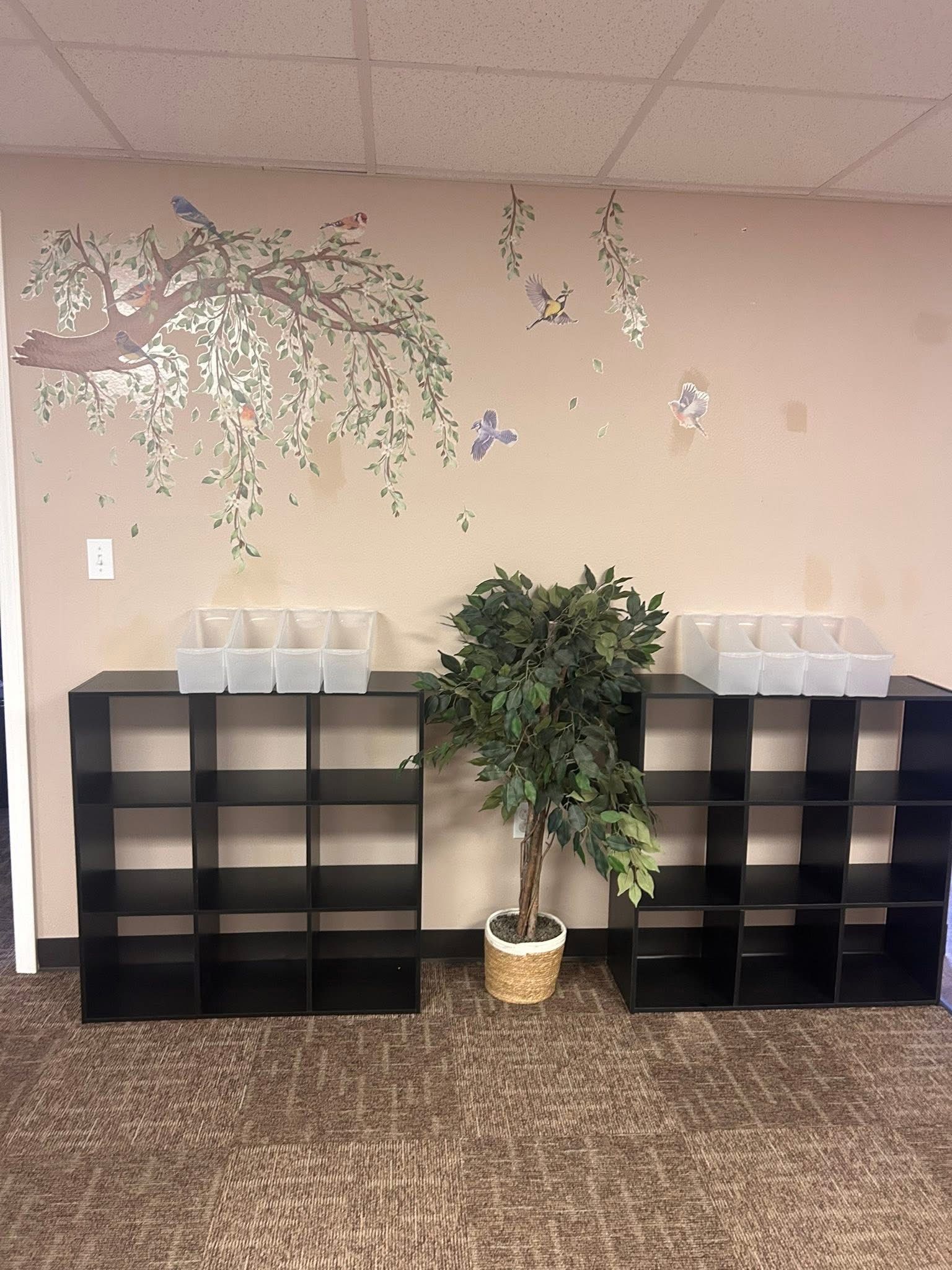 Black cube shelves with clear bins on top, flanked by a potted tree, against a beige wall with tree mural.