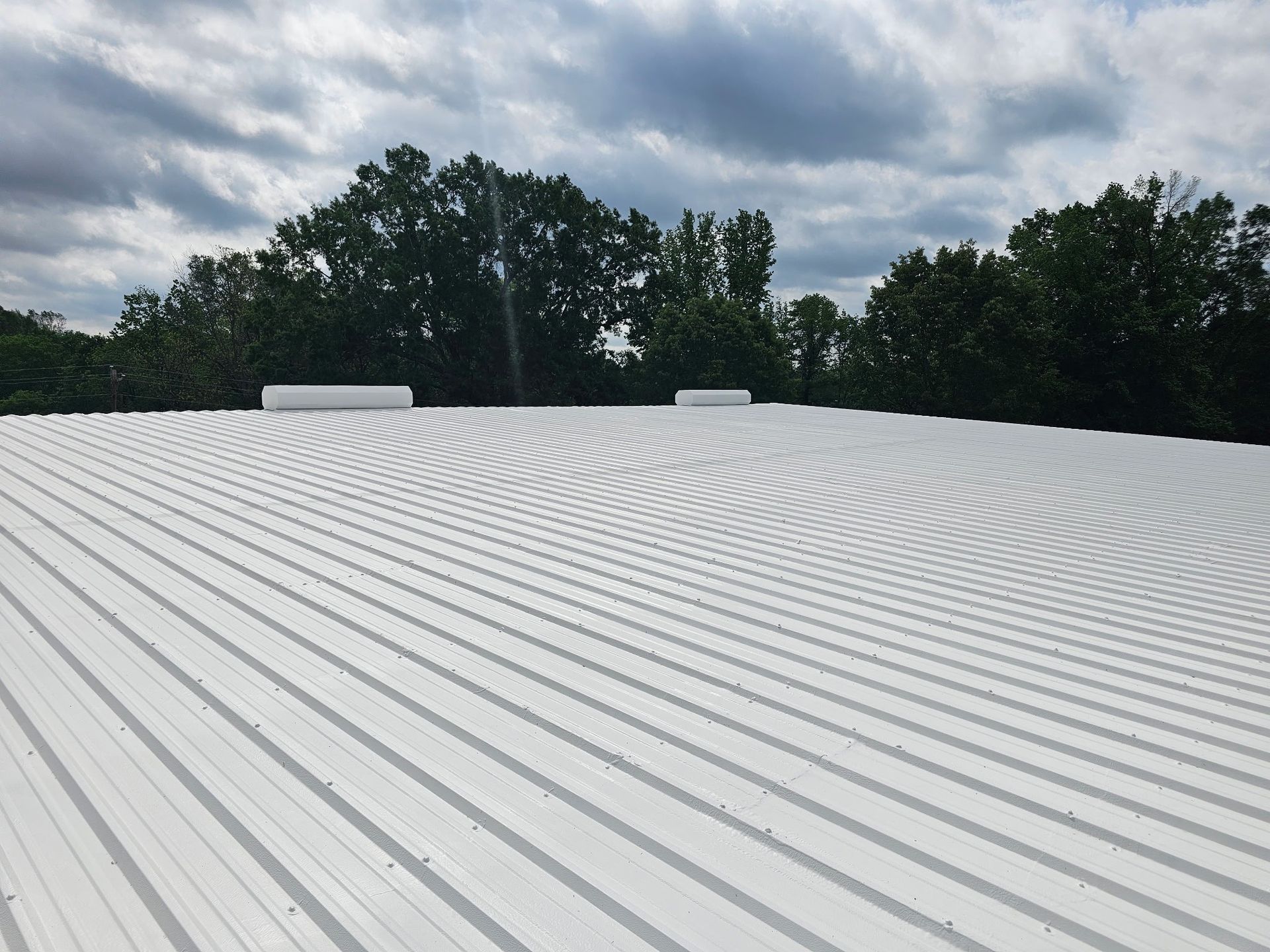 White corrugated metal roof with trees and cloudy sky in the background