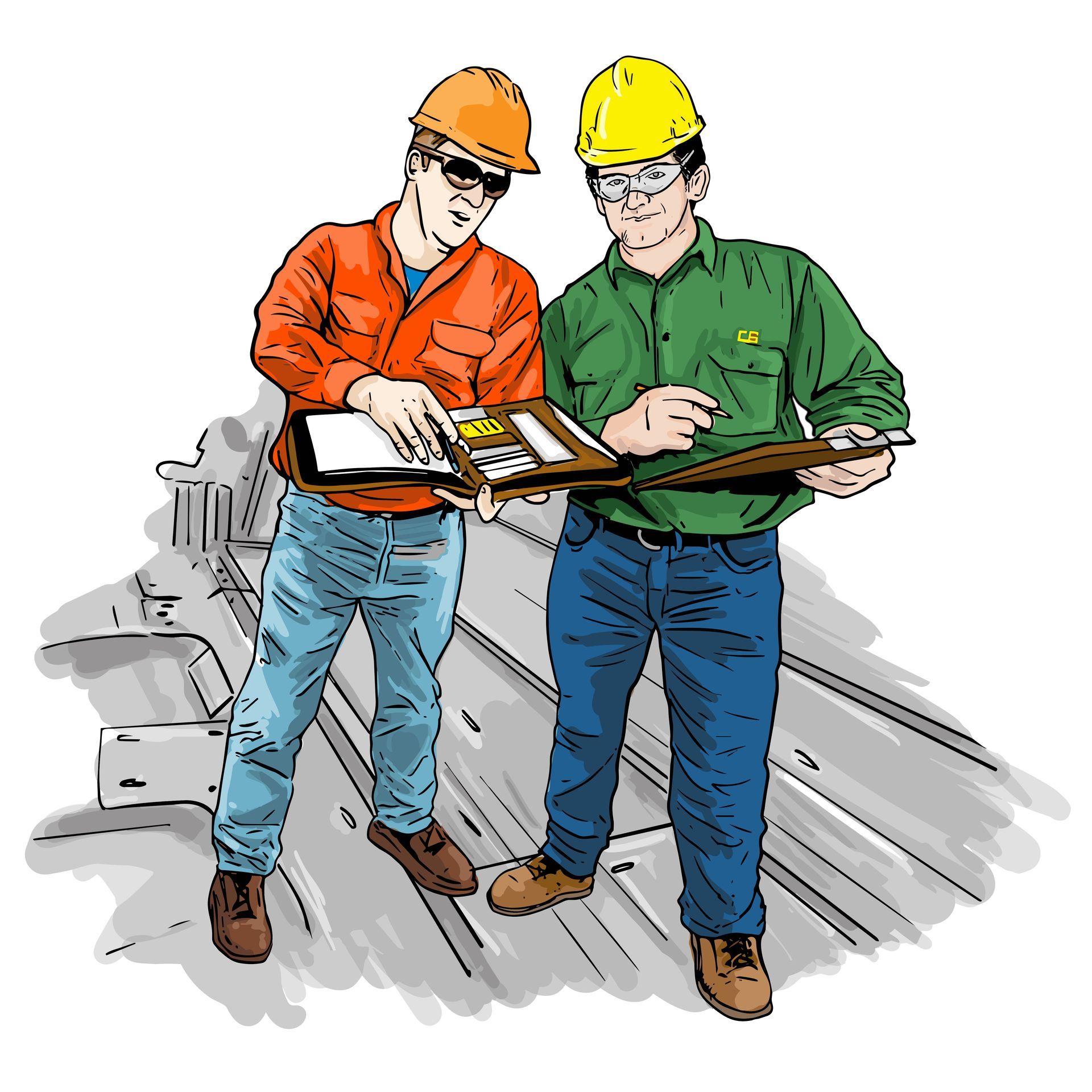 Two construction workers in hard hats are reviewing a document at a construction site.