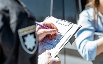 A police officer is writing on a clipboard while talking to a woman.