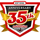 35th anniversary badge logo in red, gold, black and white for Advantage Kwik-Dry