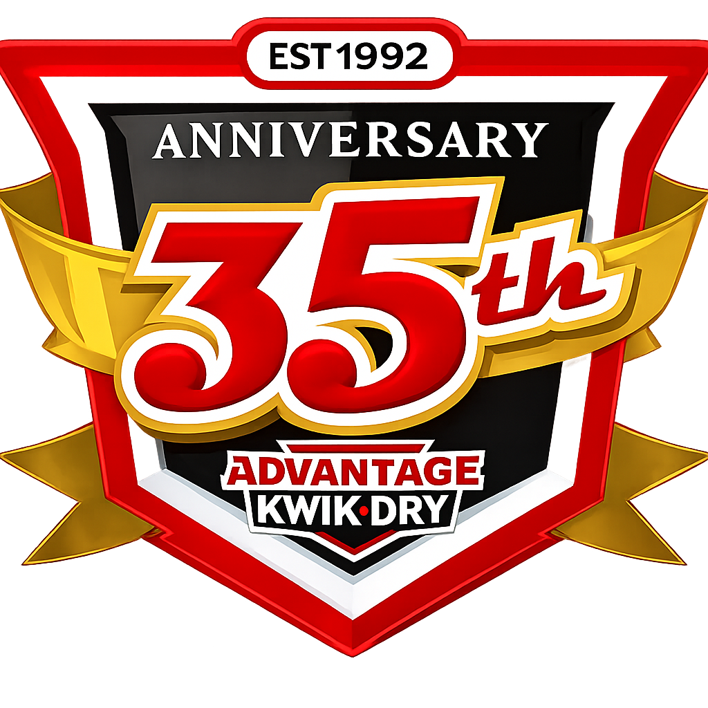 35th anniversary badge logo in red, gold, black and white for Advantage Kwik-Dry