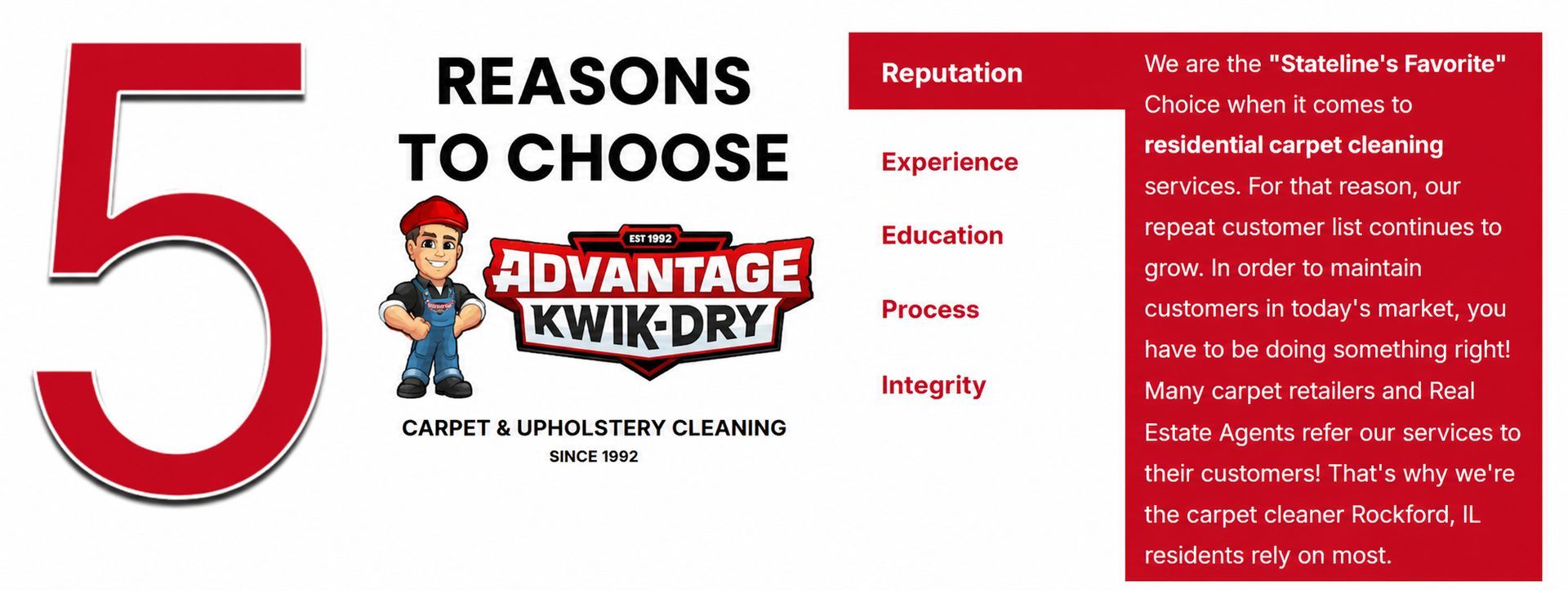 Red and white flyer: 5 reasons to choose Advantage Kwik Dry with a numbered list on the right