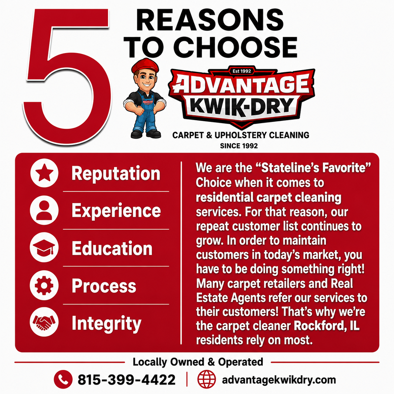 Red graphic ad: 5 Reasons to Choose Advance Kwik-Dry with reasons list and service text