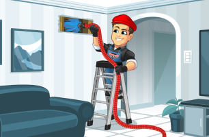 Repair technician on a ladder fixing a wall-mounted air conditioner in a living room
