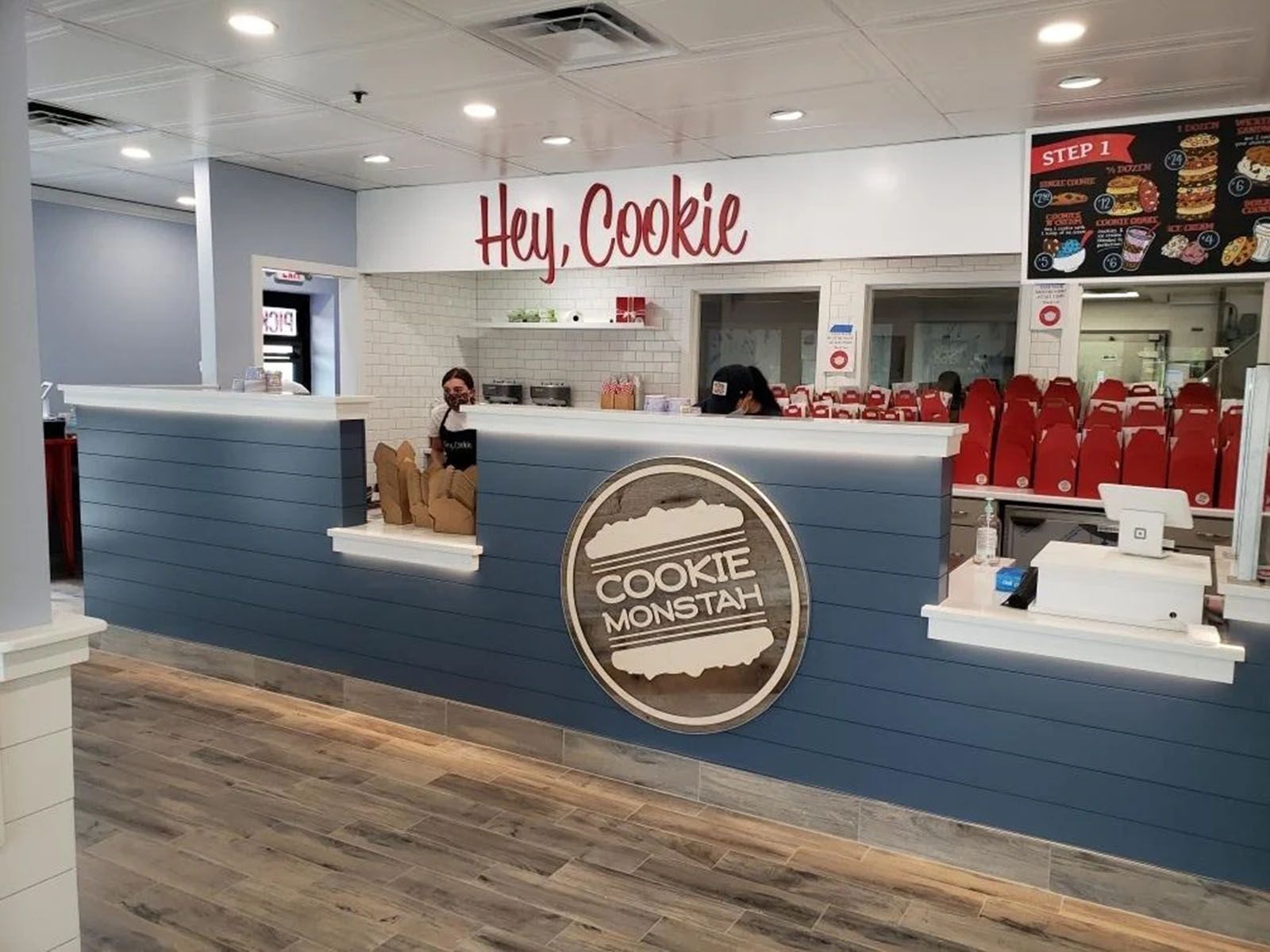 A well-lighted store counter area