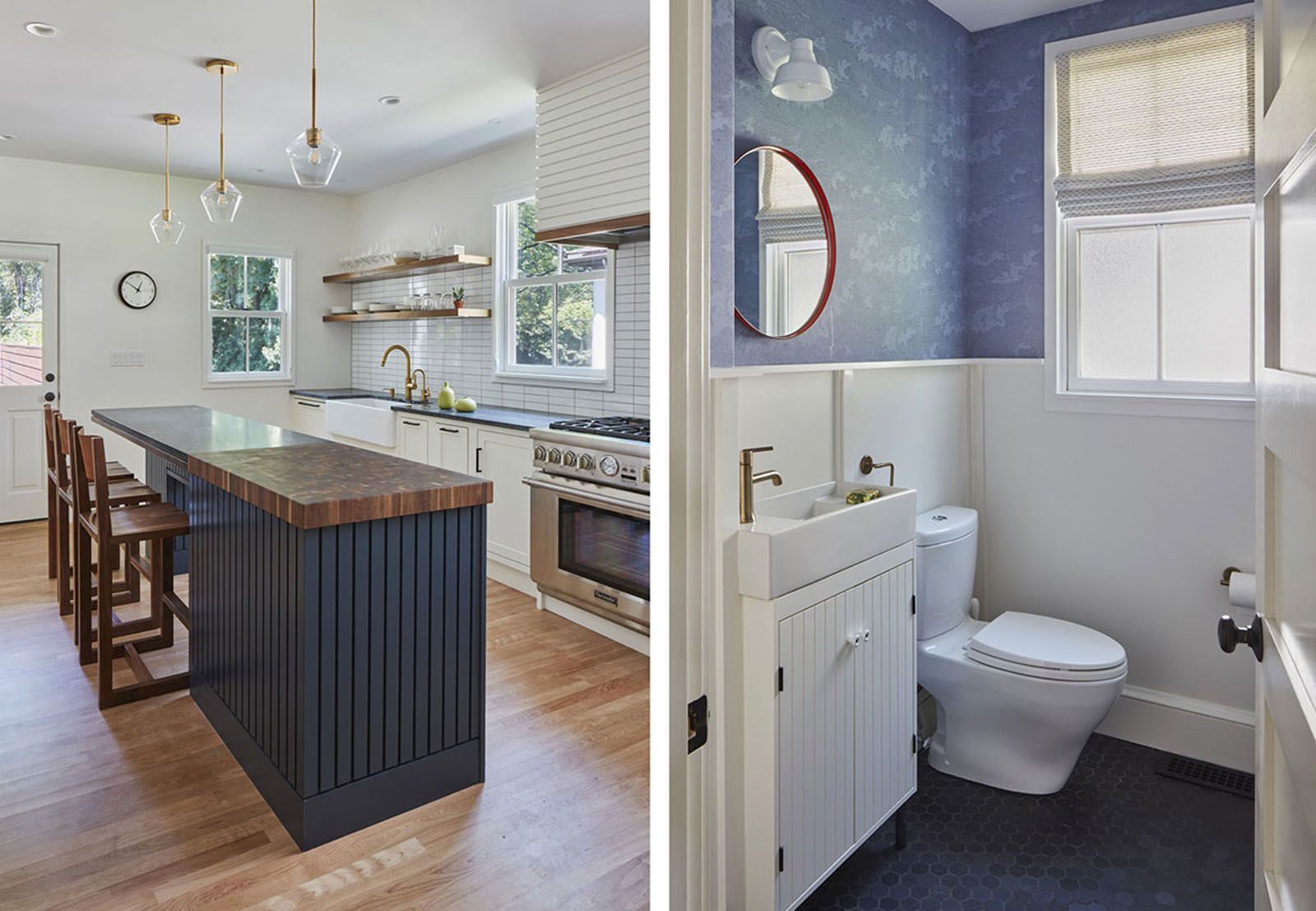 Well-lighted kitchen with island and bathroom with toilet and sink