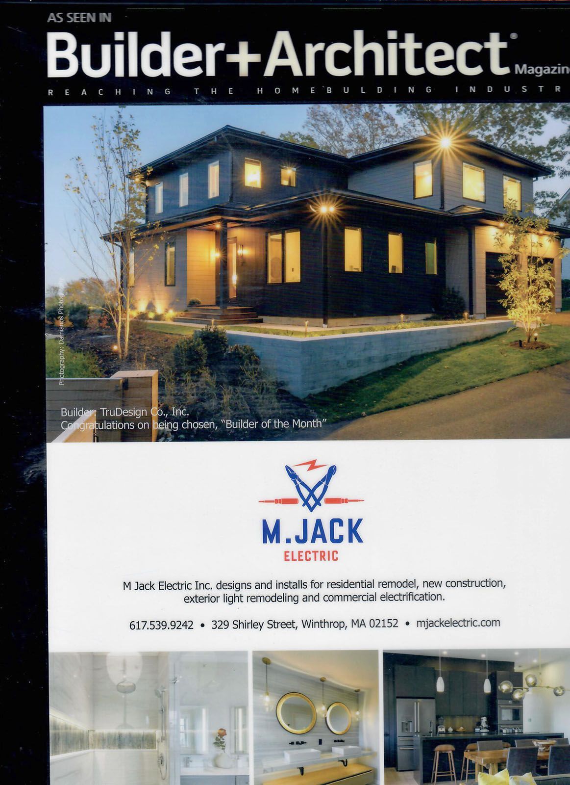 A magazine cover with a house illuminated at night, featuring M Jack Electric Inc